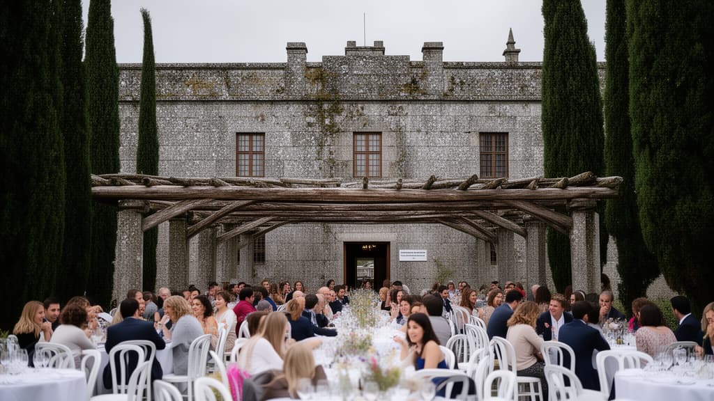 Recepción de boda al aire libre en jardín de pazo gallego con pérgola rústica de madera, invitados en mesas y pazo de granito al fondo