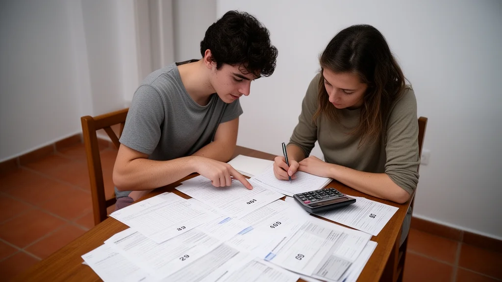 Pareja joven revisando documentos financieros y presupuesto de boda con calculadora en mesa de comedor español