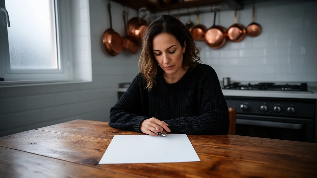 mujer sola en cocina mediterránea mirando papel en blanco sobre mesa de madera, sartenes de cobre colgadas al fondo