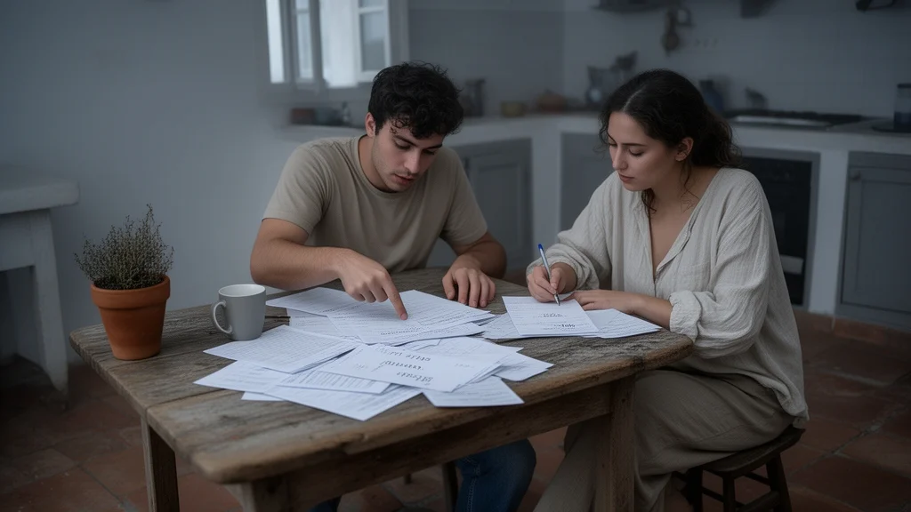 Pareja joven revisando documentos de pagos de boda en mesa rústica española, hombre señalando papel y mujer tomando notas