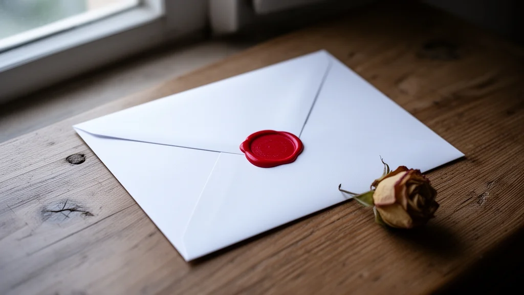 Sobre sellado con lacre rojo junto a una flor seca sobre mesa de madera, carta preparada como sorpresa para el día de la boda