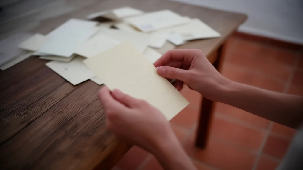 Manos sosteniendo sobre de invitación de boda crema sobre mesa con sobres dispersos y suelo de terracota español